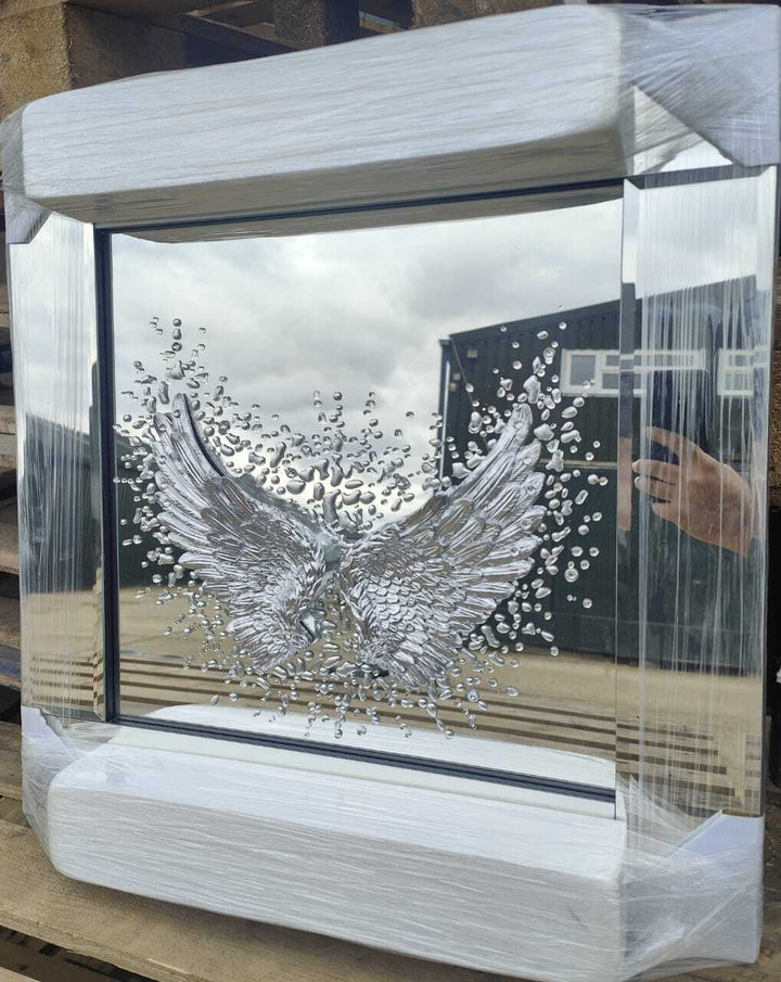 3D silver sparkle angel wings shimmer liquid wall art 55x55cm square