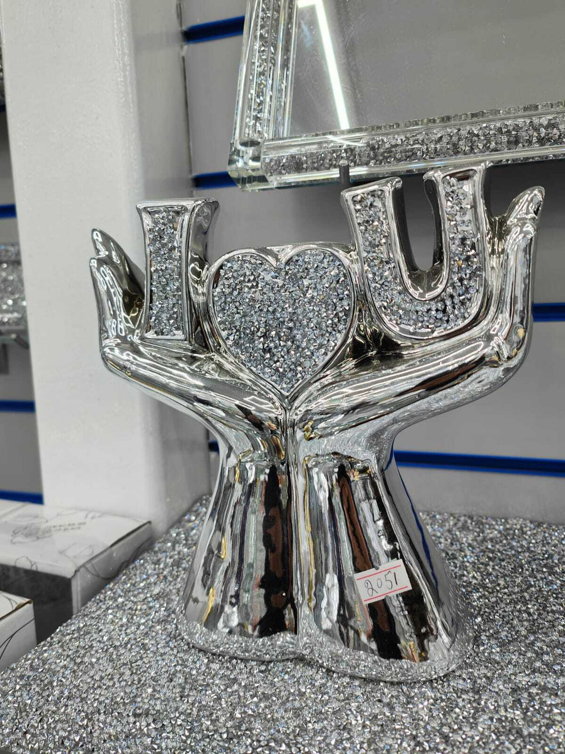 Silver crushed diamond heart ornament hands I L U