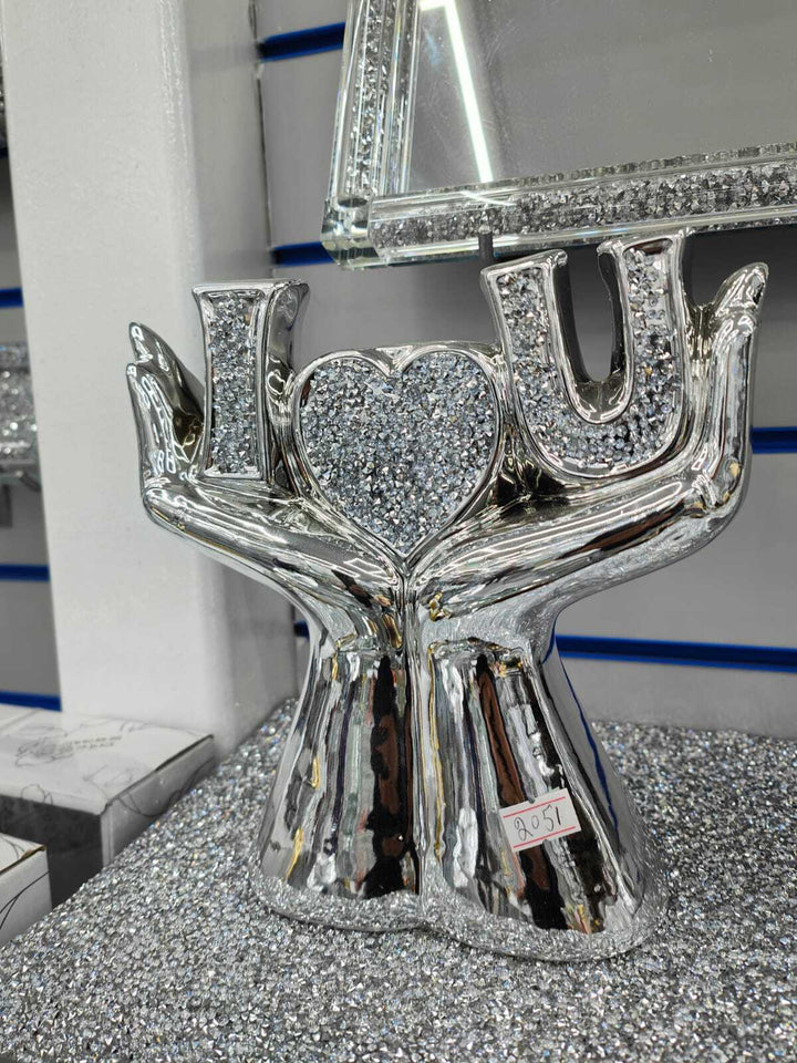 Silver crushed diamond heart ornament hands I L U