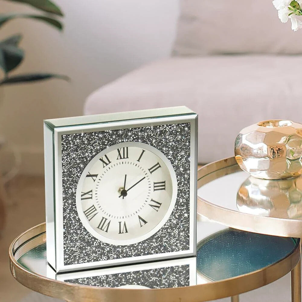 Crushed crystal silver square table clock 20cm