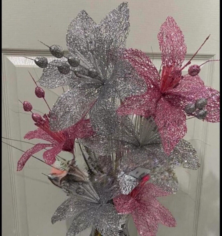 Pink & silver artificial glitter flower bunch 6 stems
