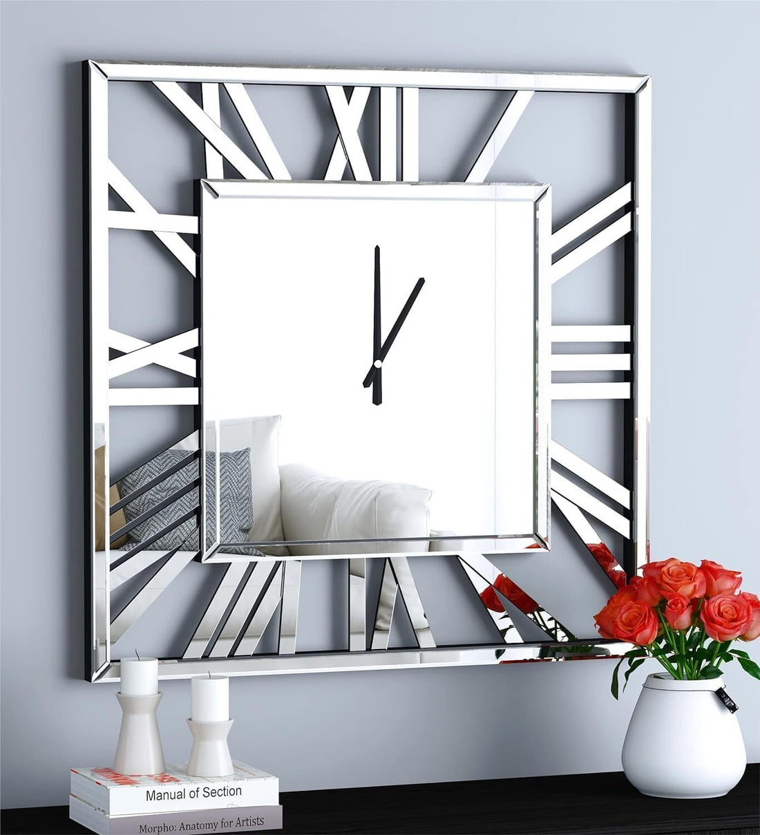 Full mirrored square wall clock 80x80cm