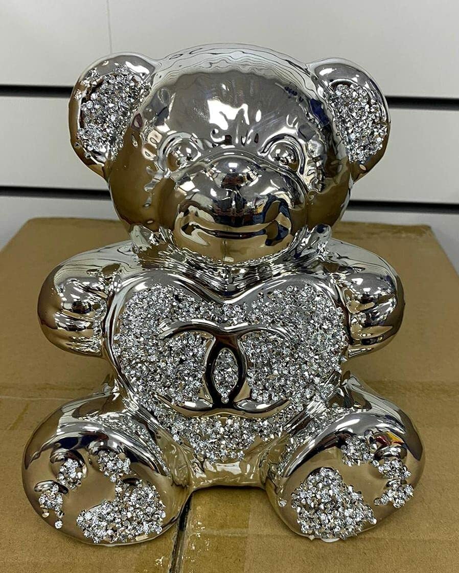 Silver Crushed Diamond Teddy Bear Ornament