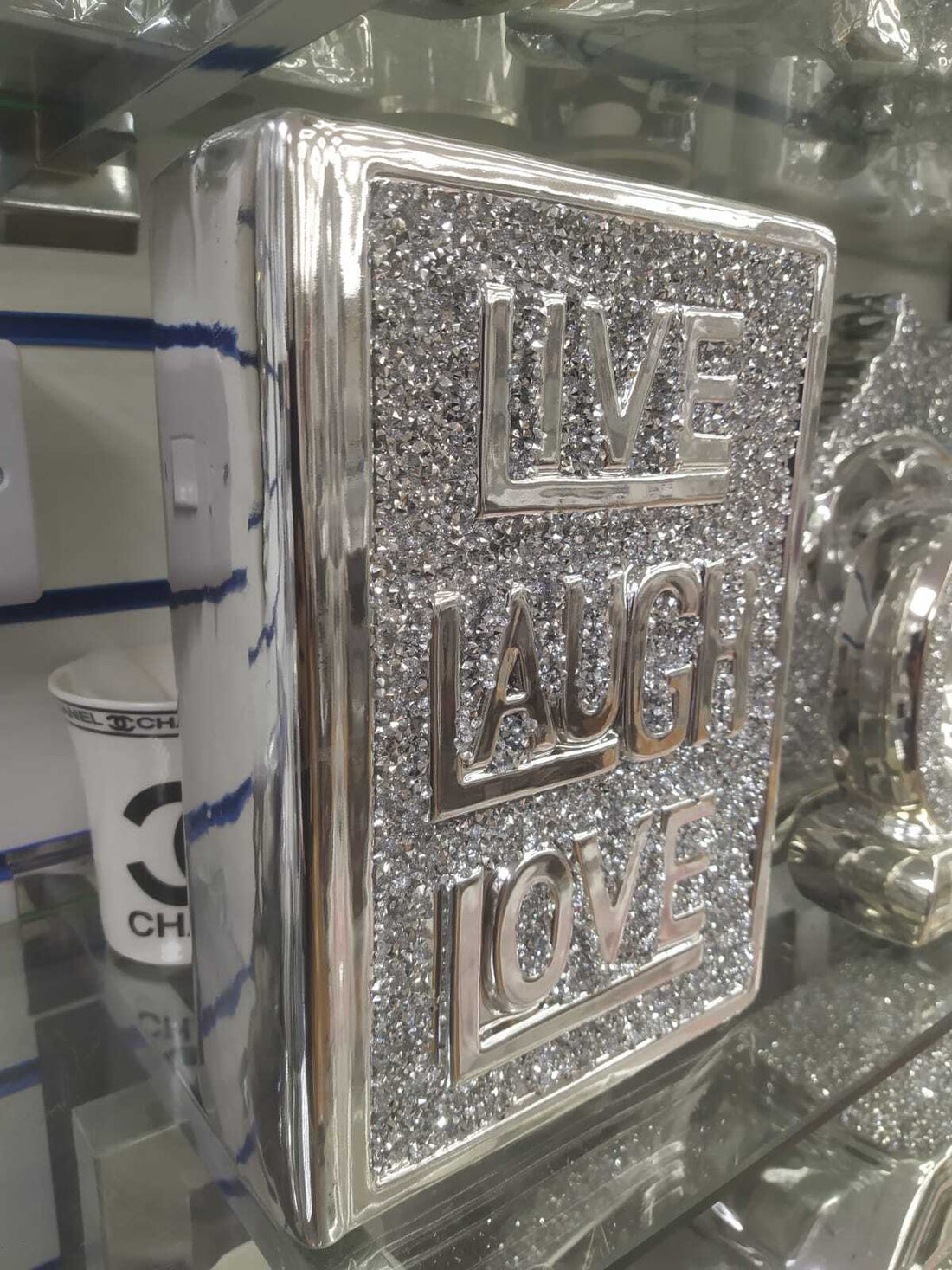 Silver crystal live laugh love book ornament