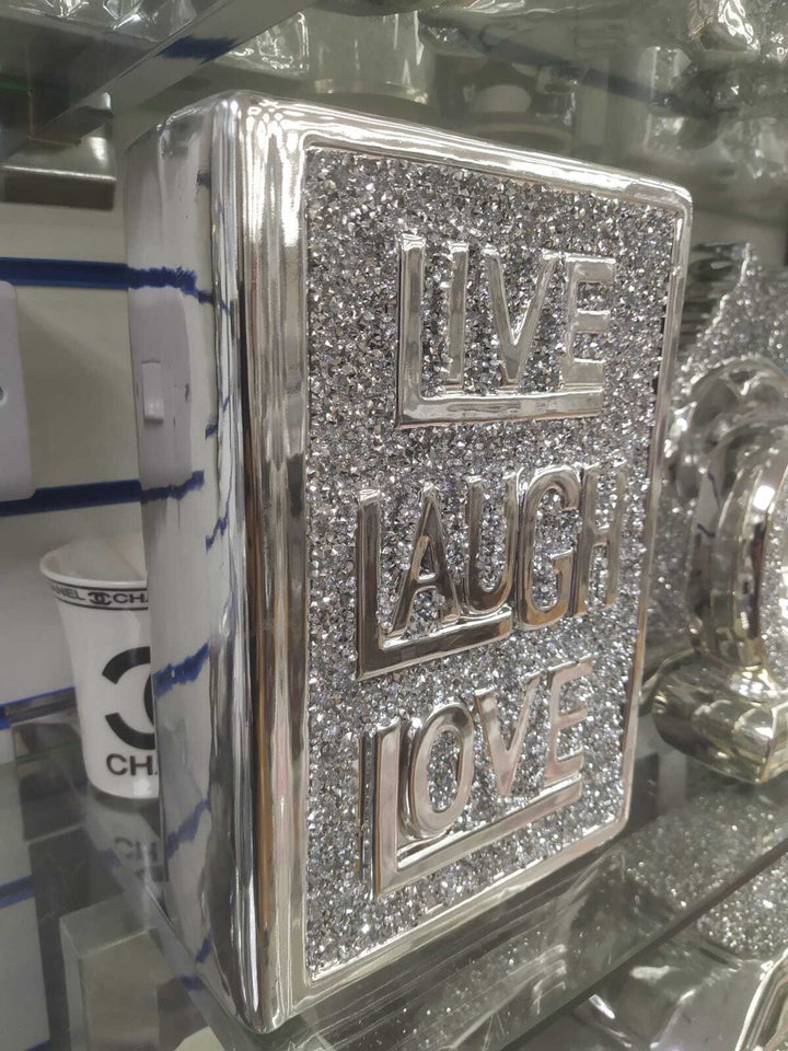 Silver crystal live laugh love book ornament