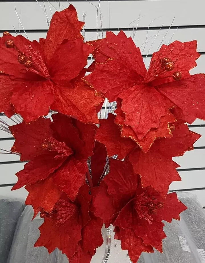 Red artificial flower bunch with silver bloomer
