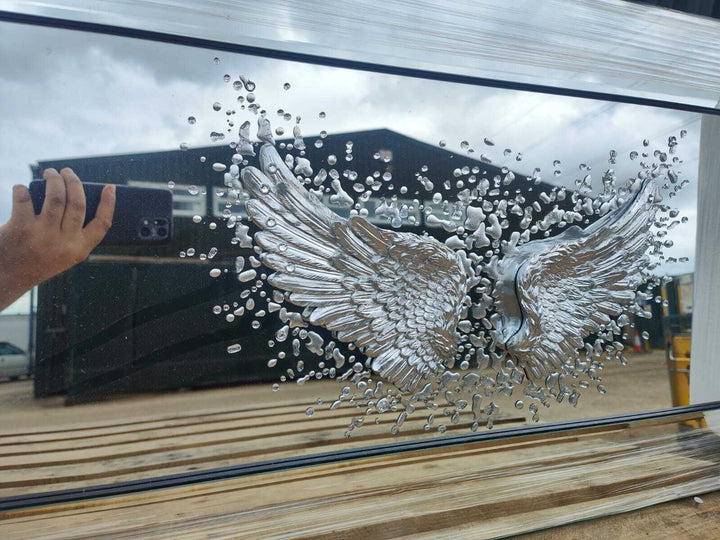 3D silver sparkle angel wings shimmer liquid wall art 85x45cm rectangular
