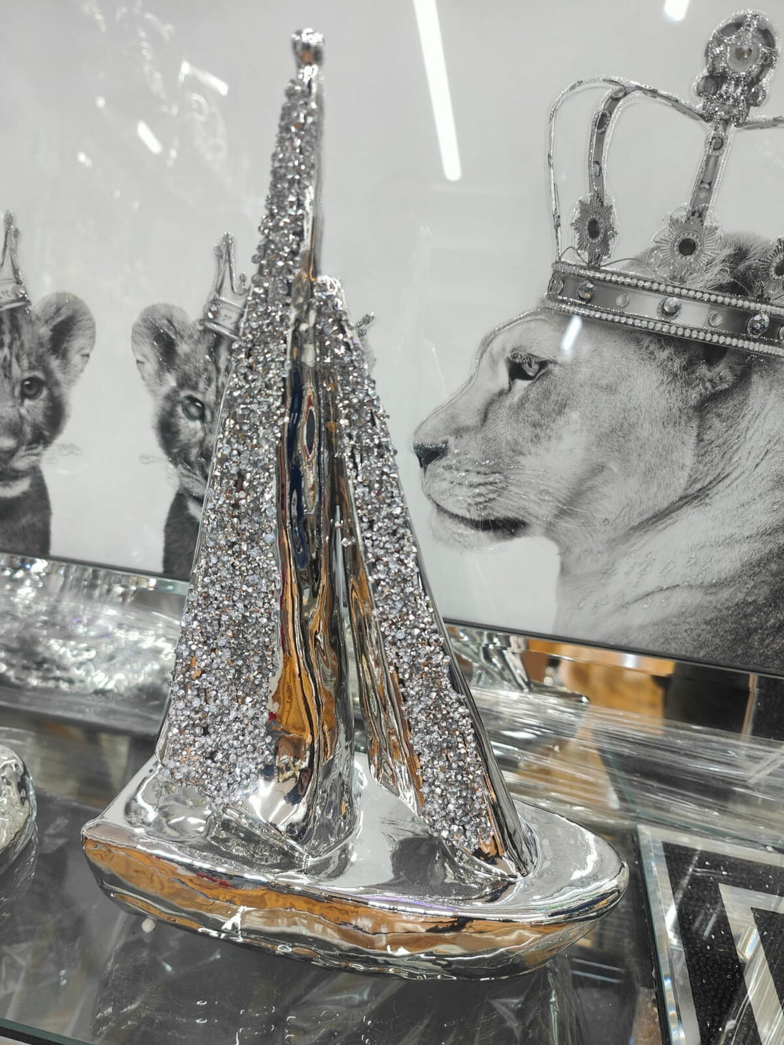 Silver sailing ship crushed diamond ornament