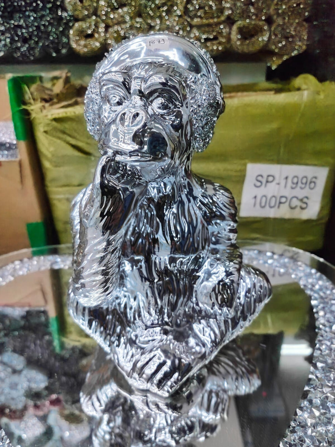 Silver crushed sparkle monkey ornament style 1
