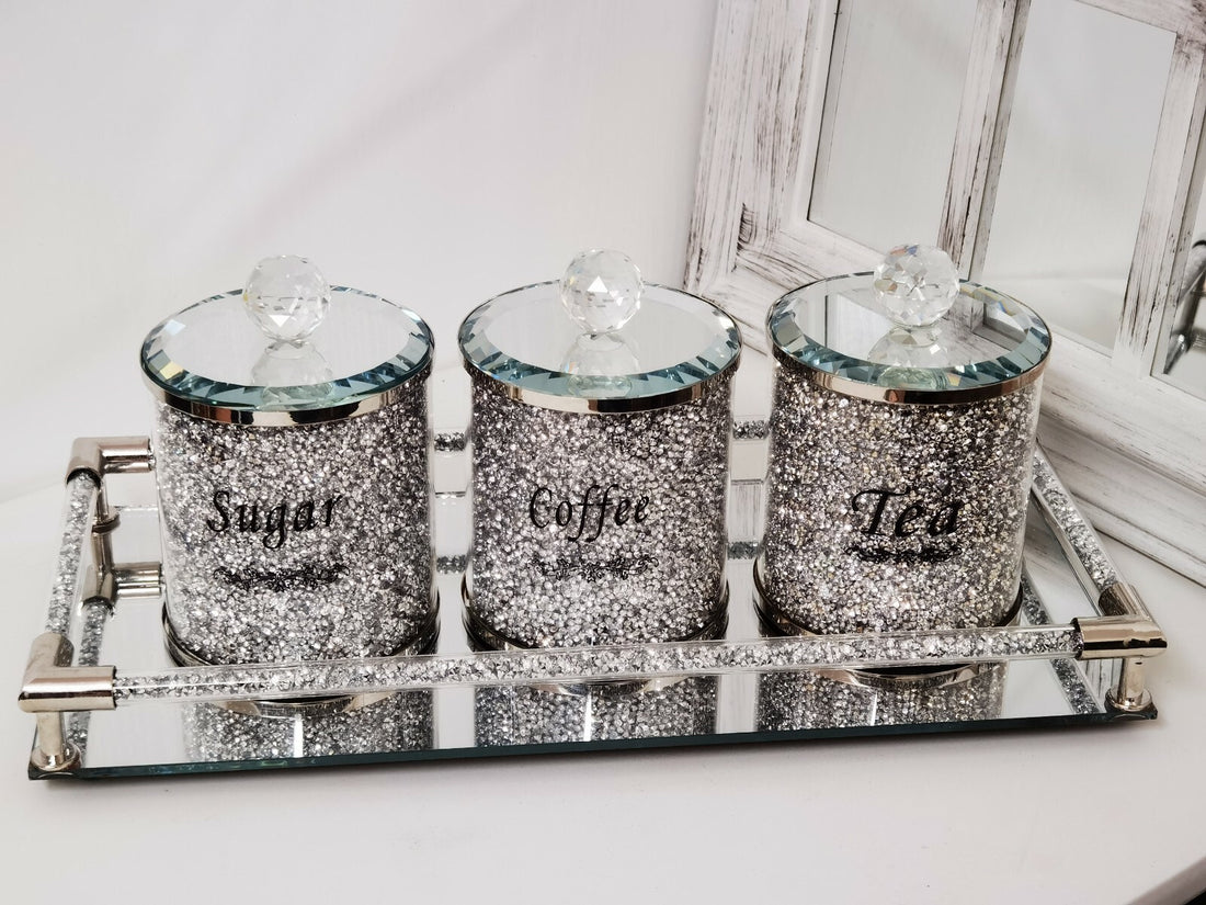 tea coffee sugar jars set with tray crystal
