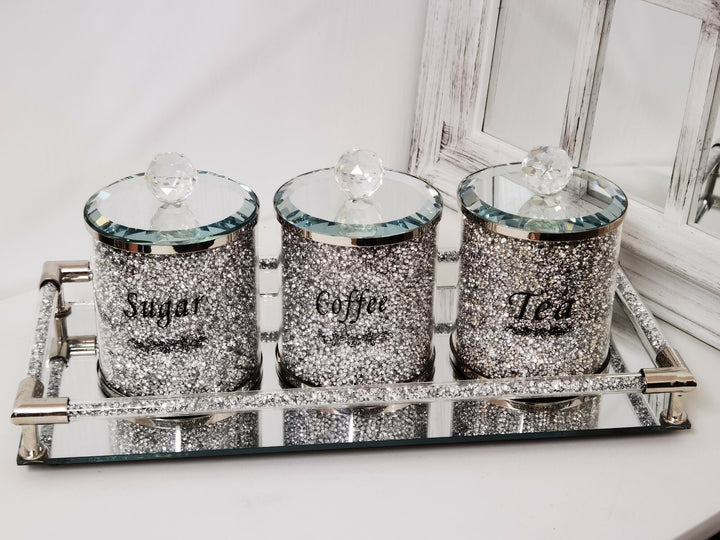 tea coffee sugar jars set with tray crystal