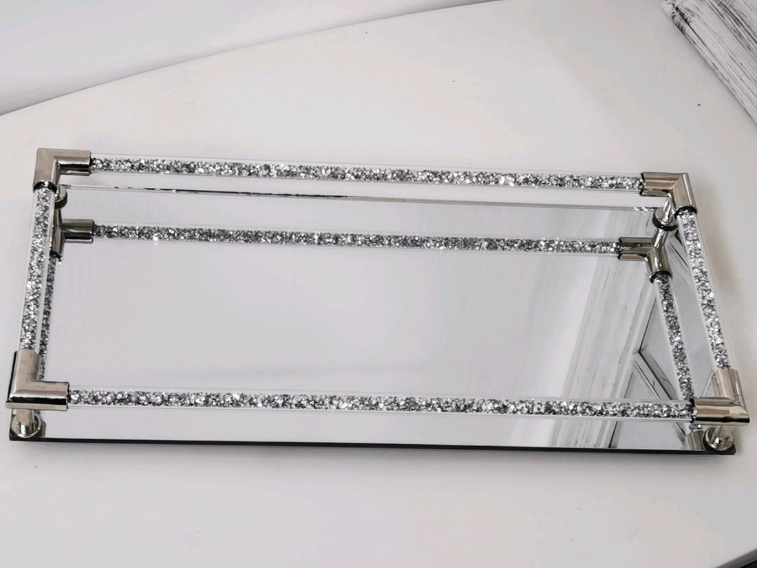 Mirrored candle tray crushed diamond silver tray