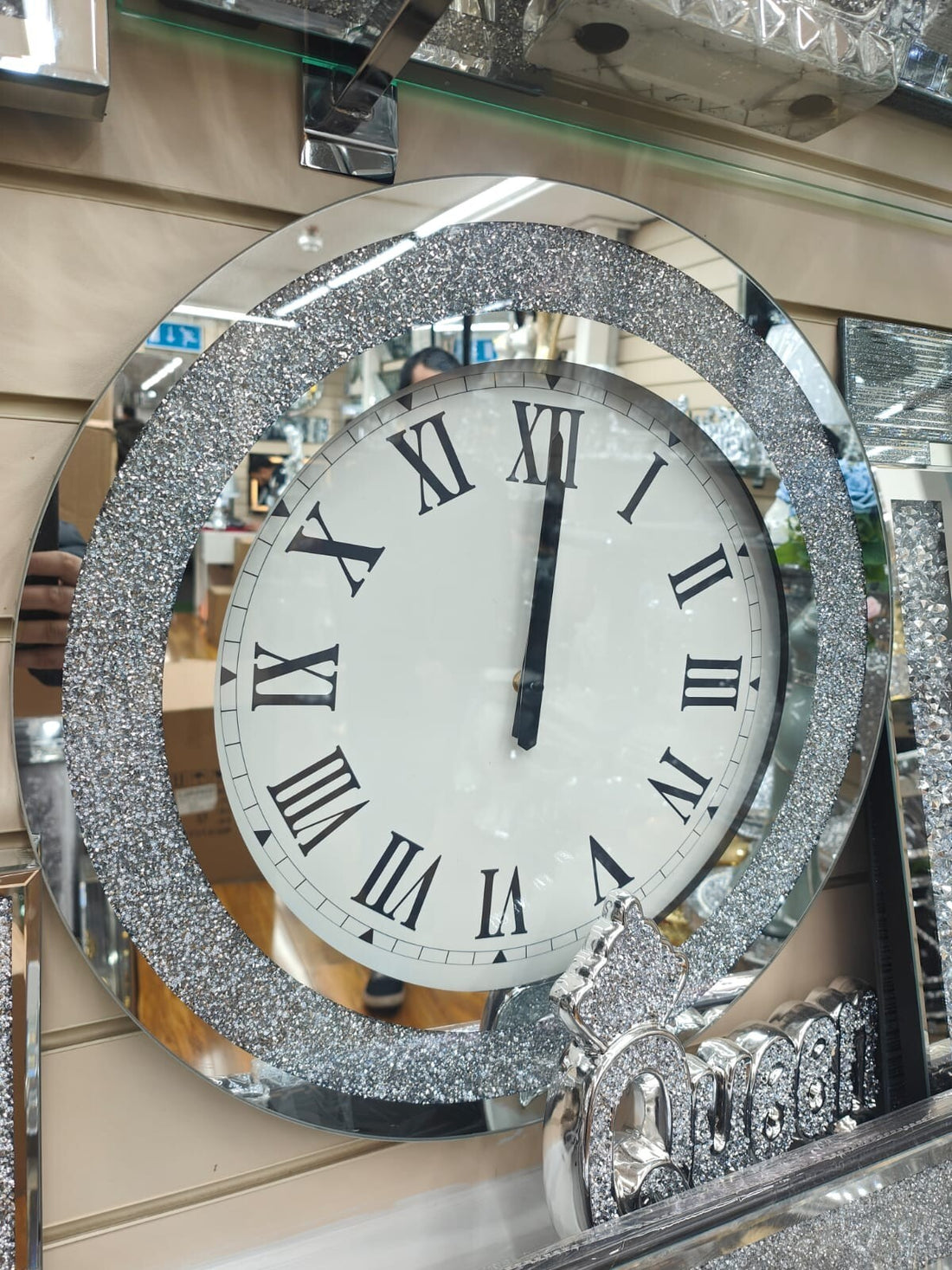 Crushed Mirror Wall Clock diamante roman numeral clock