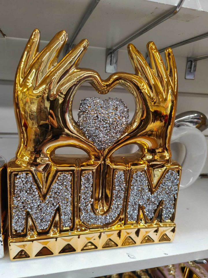Gold mum heart crushed crystal ornament