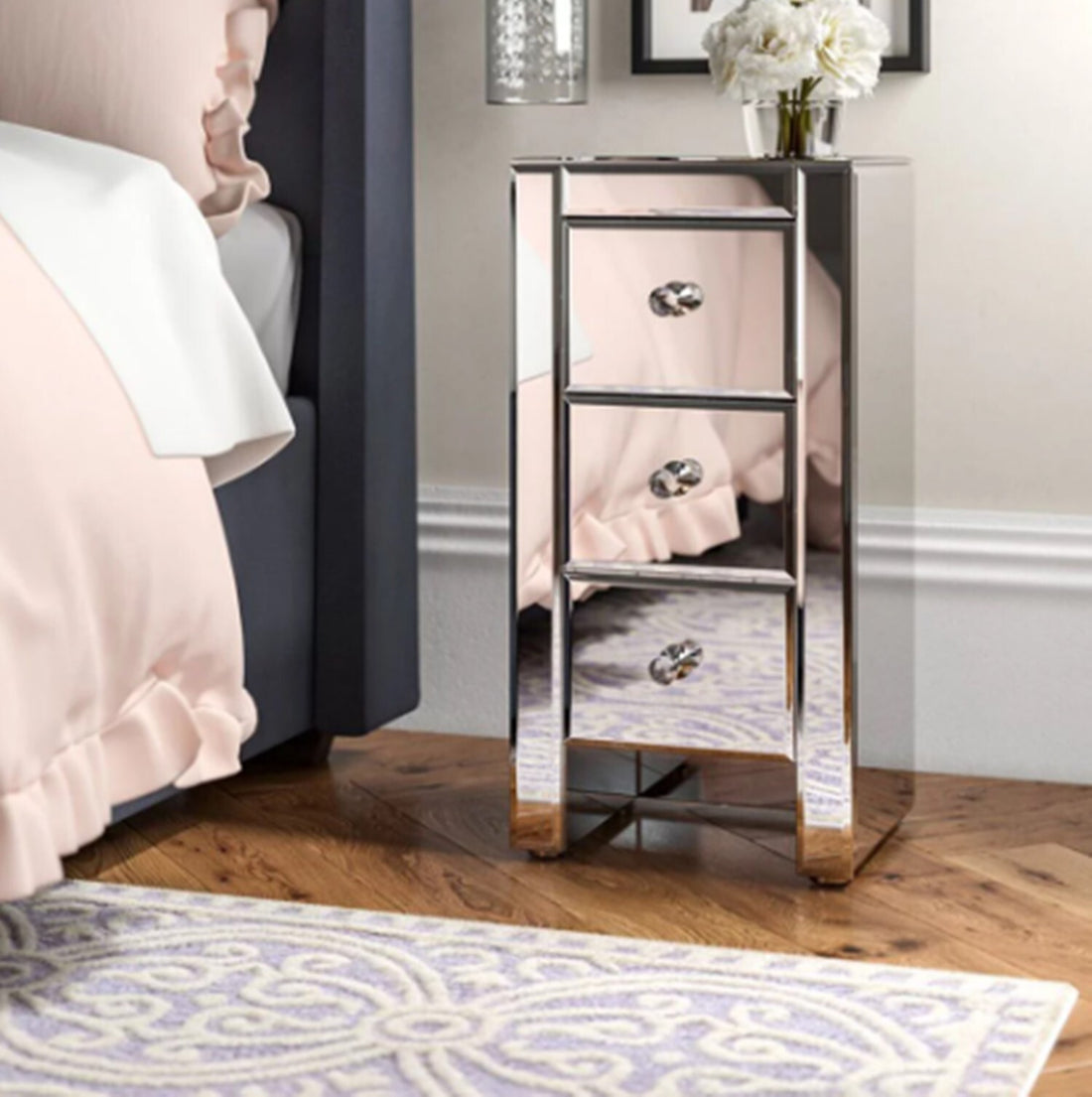 Mirrored bedside table with drawer