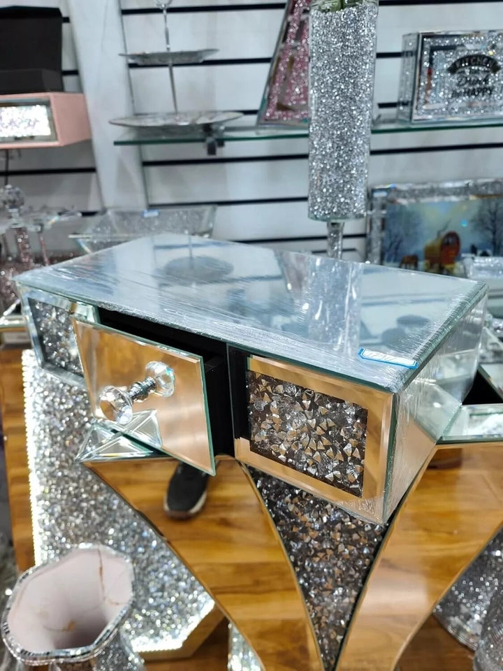 Crushed diamond mirrored floating wall shelf with drawer storage
