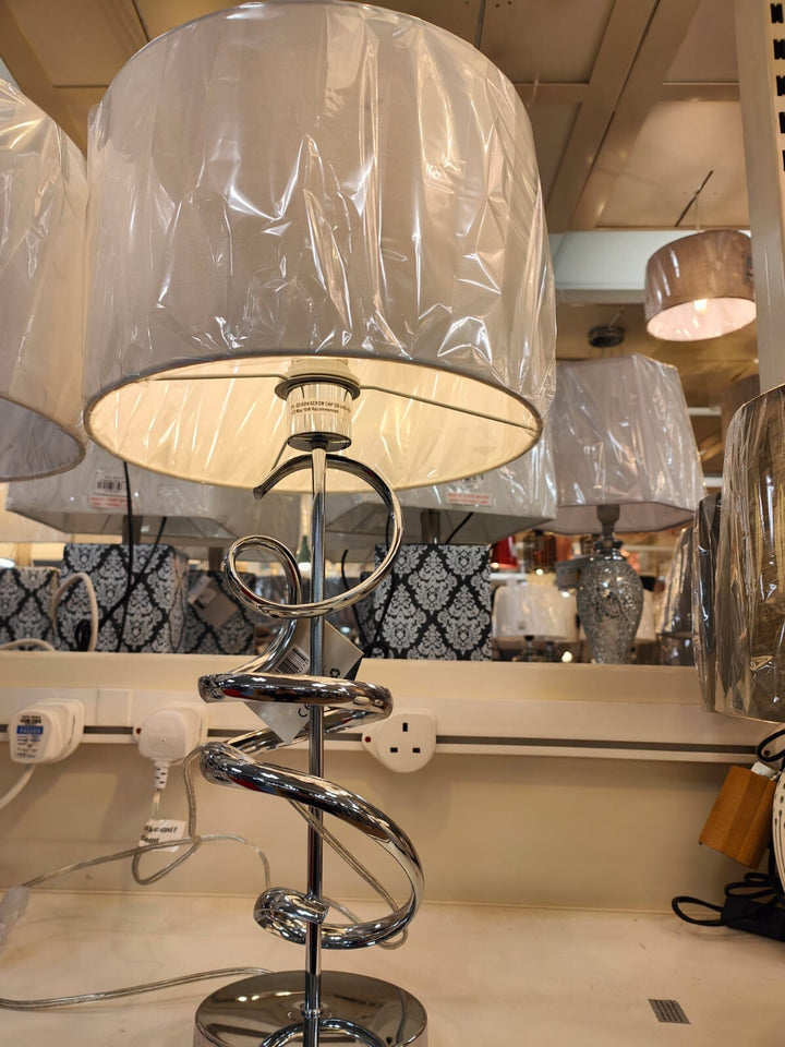 Chrome spiral table lamp with silver shade