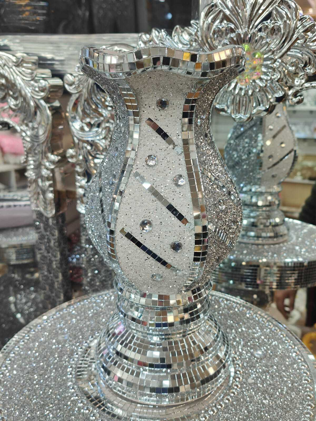 Silver mosaic flower vase mirror