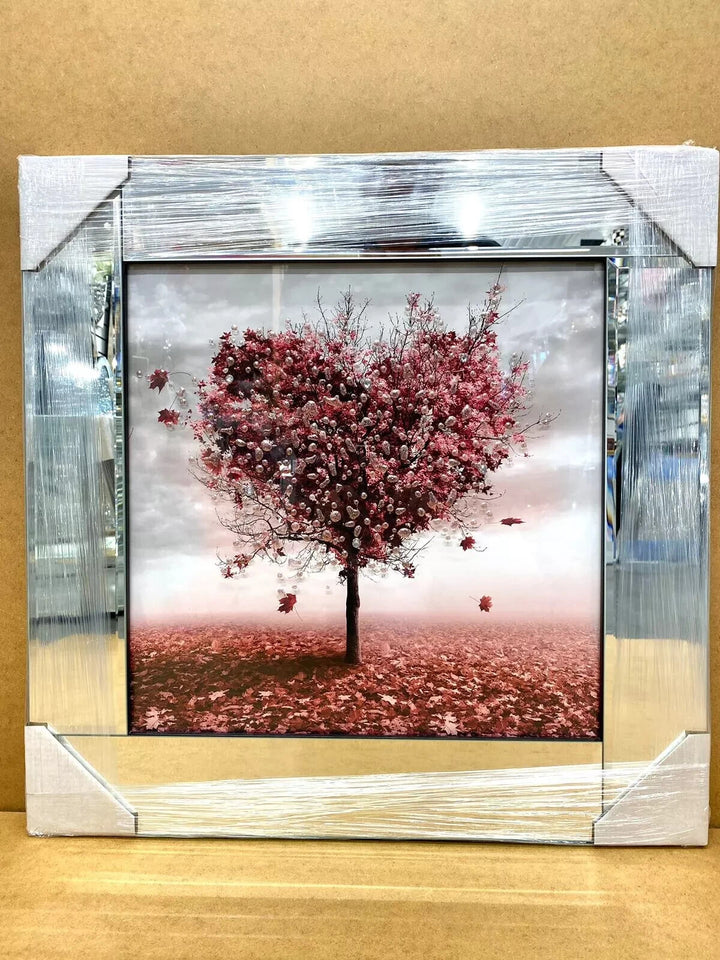 3D blossom tree red heart mirror 55x55cm
