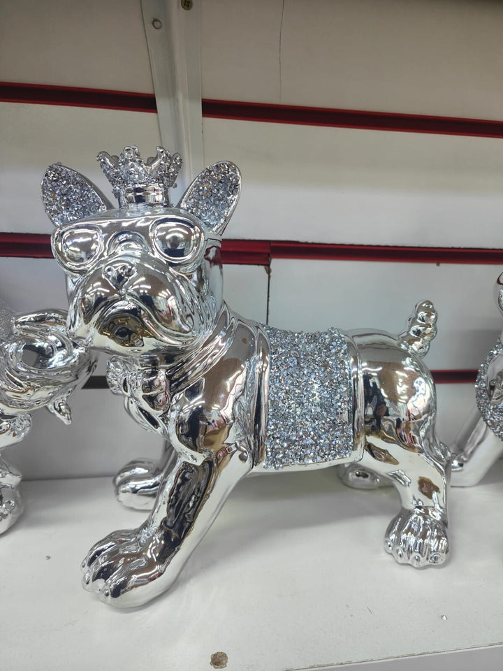 Silver bling crushed diamond bulldog shelf sitter 18cm