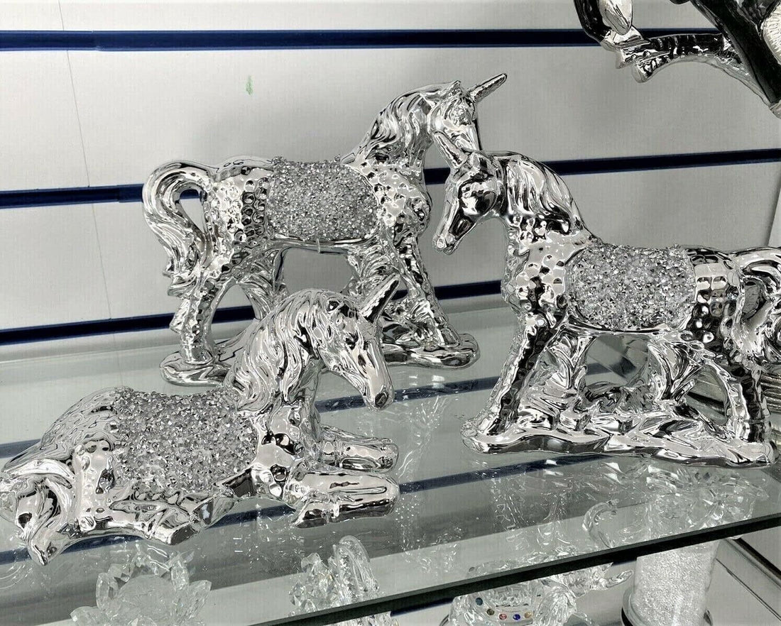 Silver unicorn ornament set crushed diamond decor