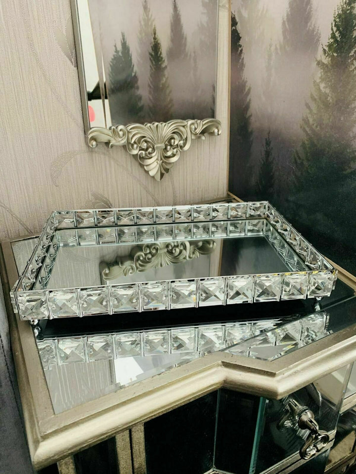 Modern Mirrored Crystal Vanity Tray 30x20cm Single Bead