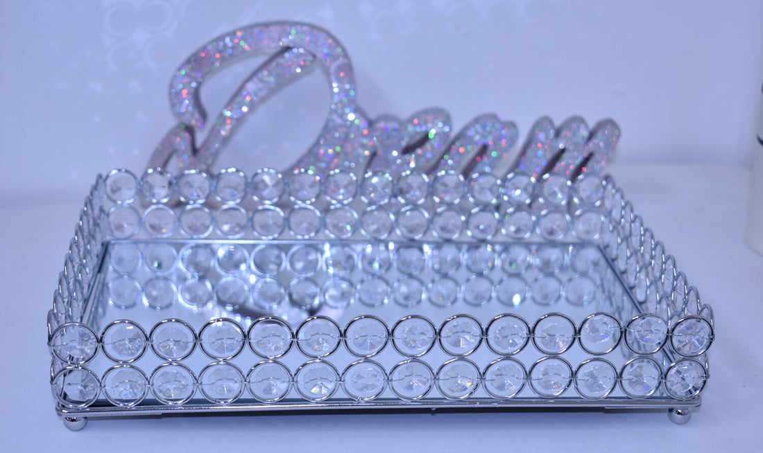 Mirrored beaded cosmetic tray silver design