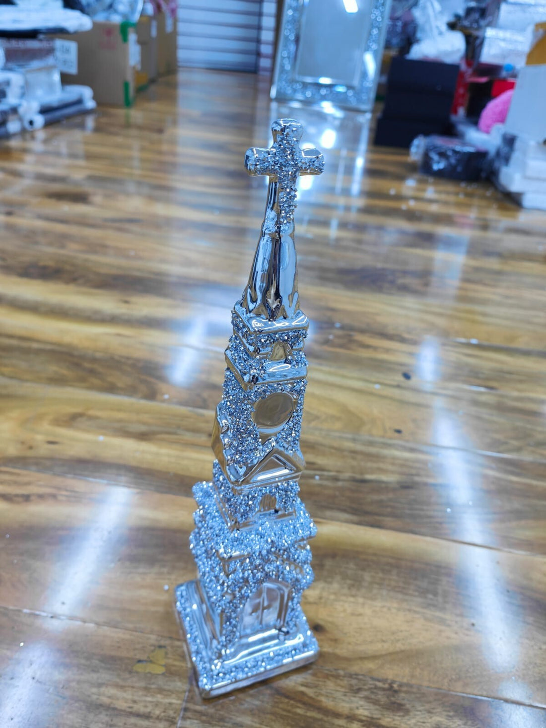 Crushed diamond church tower ornament silver sparkle decor
