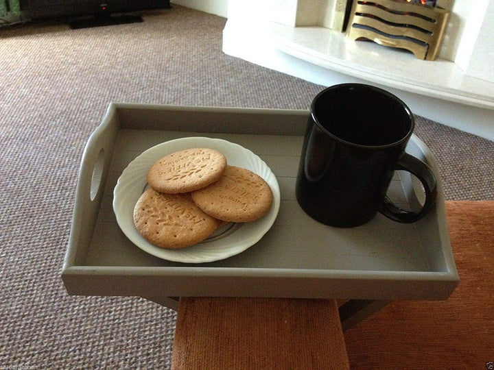 Grey sofa arm snack tray media organizer
