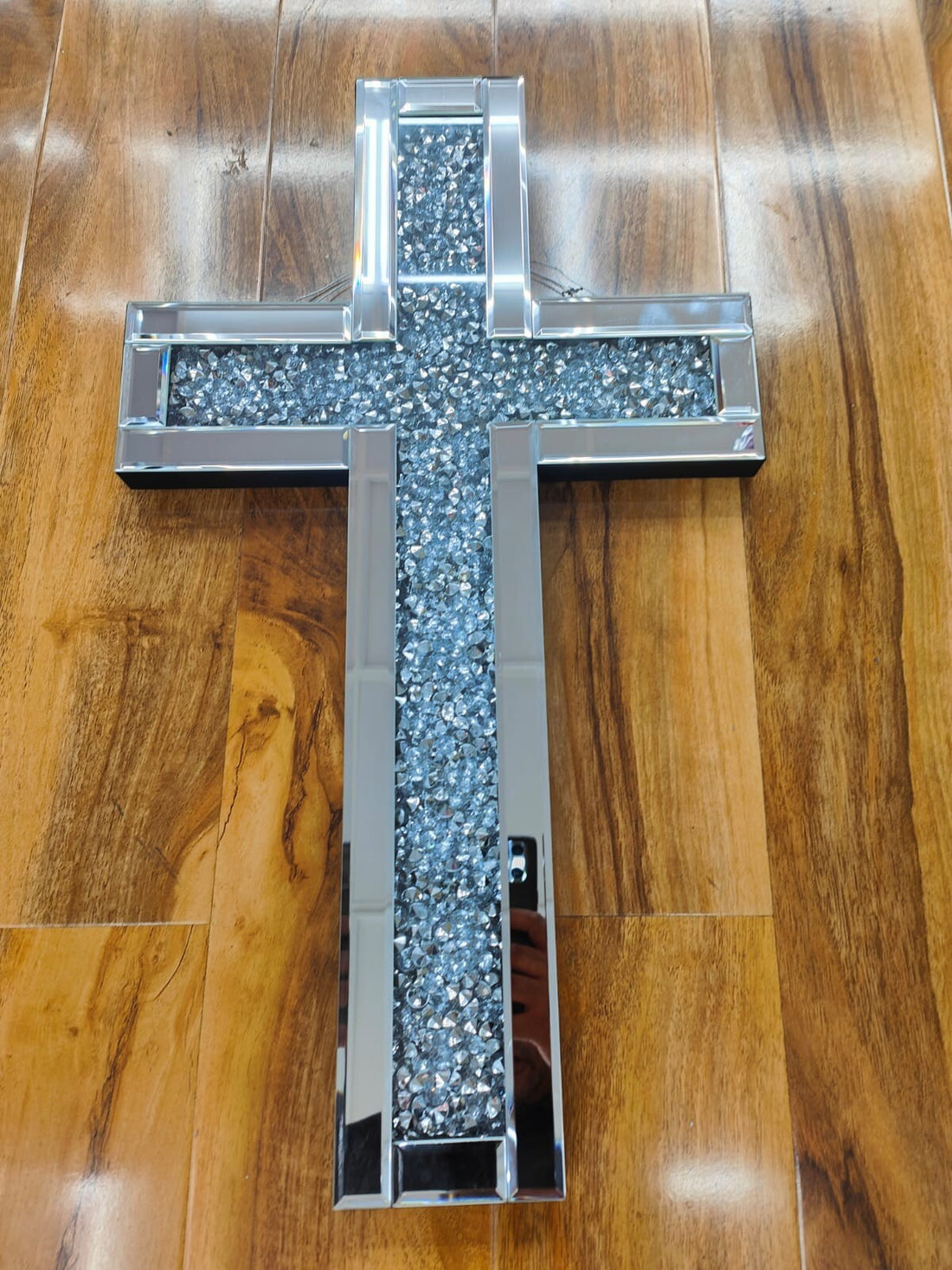 Mirrored wall cross crushed diamond sparkle wall decor