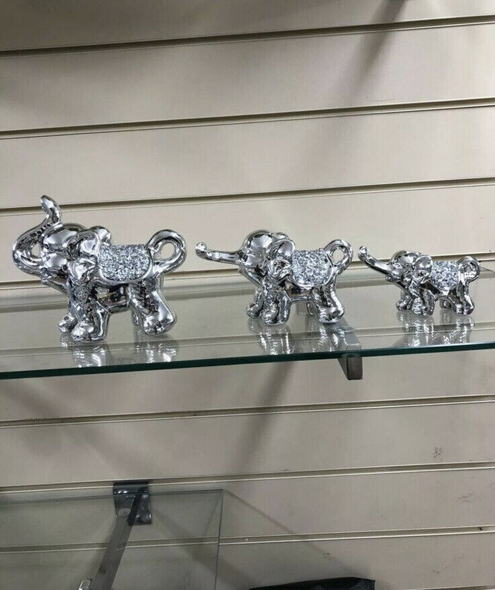 Silver crushed diamond elephant family ornaments set of 3