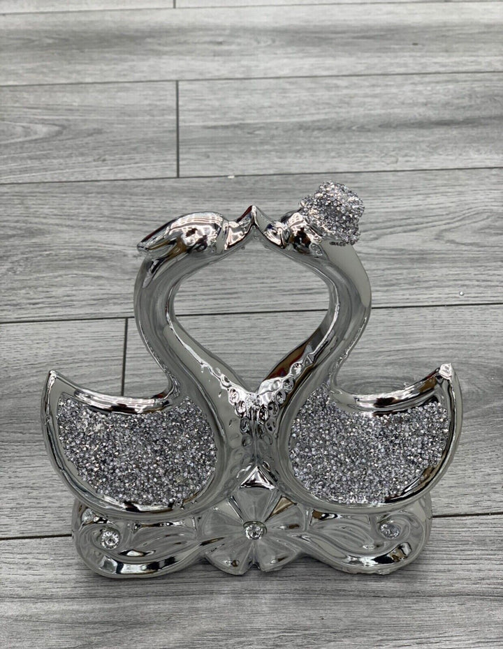 silver crushed diamond swan pair ornament