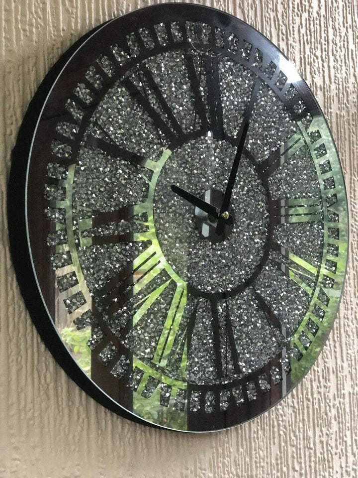 Round mirrored wall clock with diamante