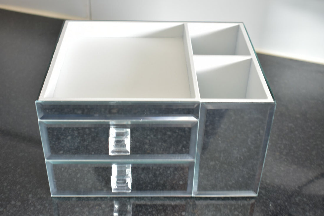 Silver mirrored jewellery box with drawers and brush holder