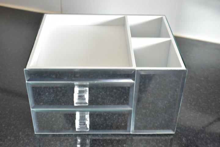 Silver mirrored jewellery box with drawers and brush holder