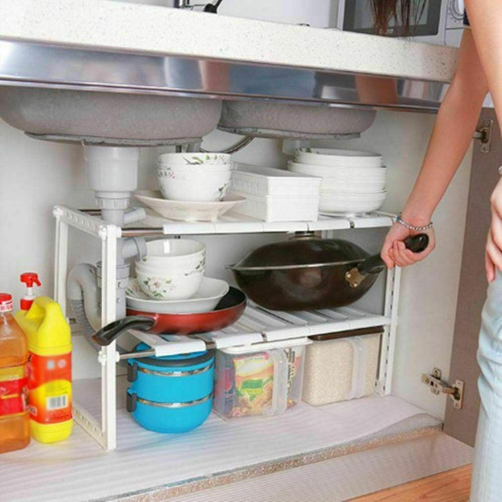 Under sink storage shelf organizer