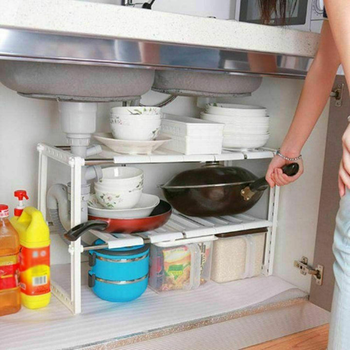 Under sink storage shelf organizer