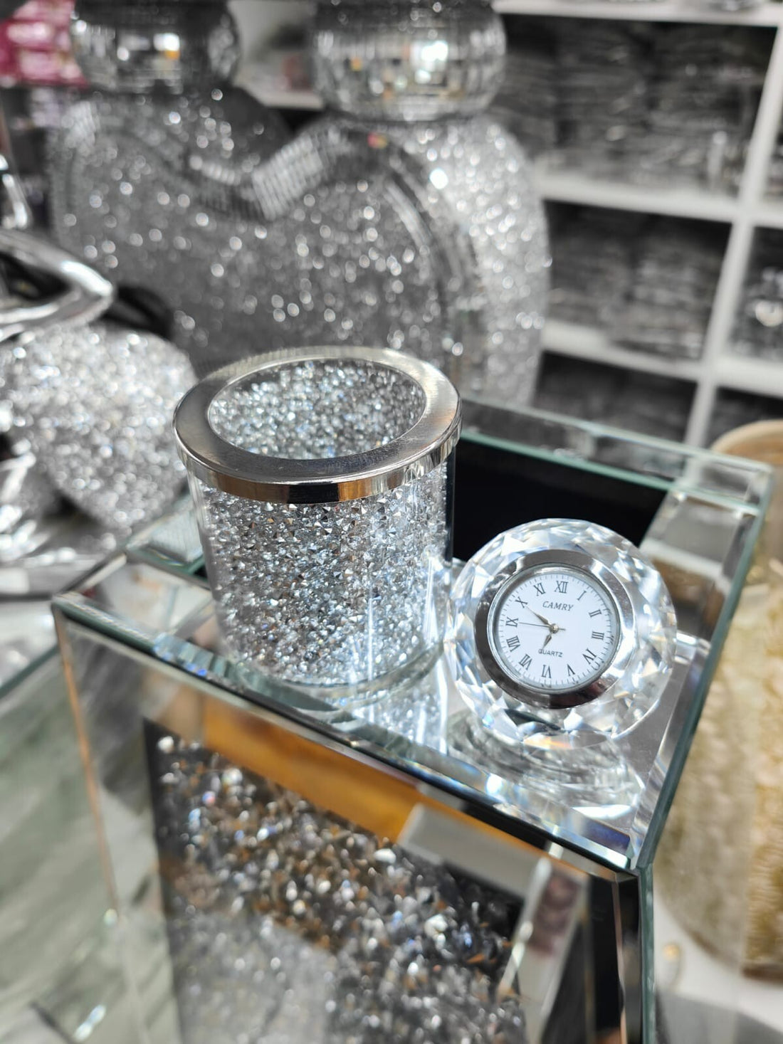 Crushed diamond crystal desk clock pen holder