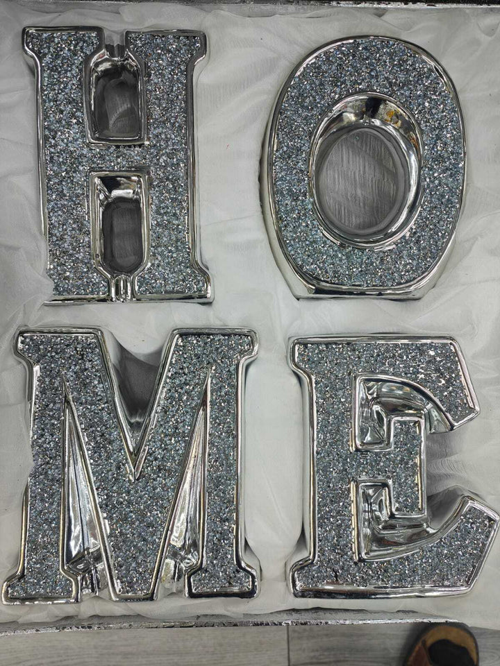 Silver ceramic crushed diamond “Home” letter ornament