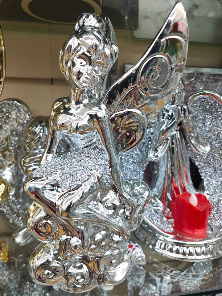 Tinker bell fairy crushed diamond ornament silver