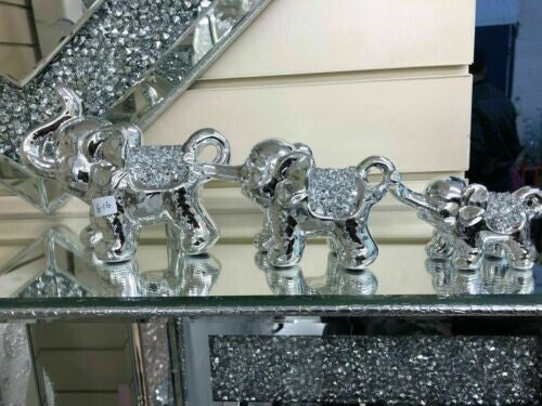 Silver crushed diamond elephant ornament set