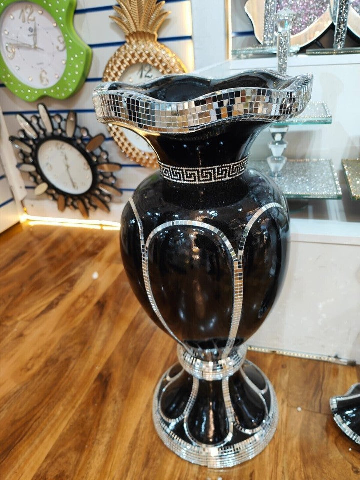 Large black mirrored floor vase crystal sparkly decor