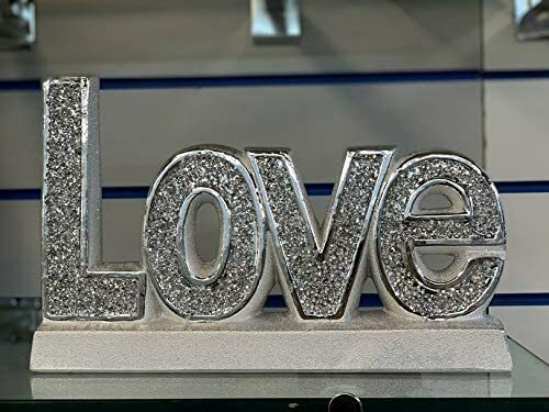 Silver love ornament with crushed crystal sparkle