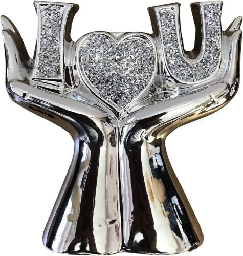 Silver crushed diamond I L U ornament holding hands