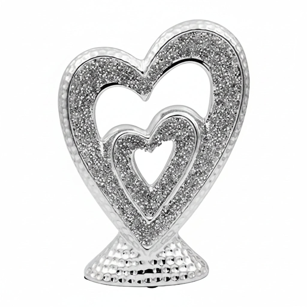 silver double heart sculpture sparkling ornament decor
