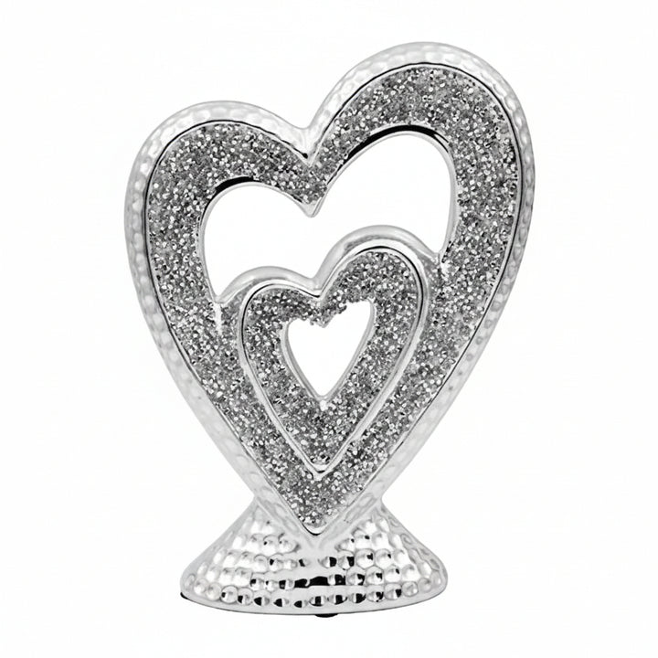 silver double heart sculpture sparkling ornament decor
