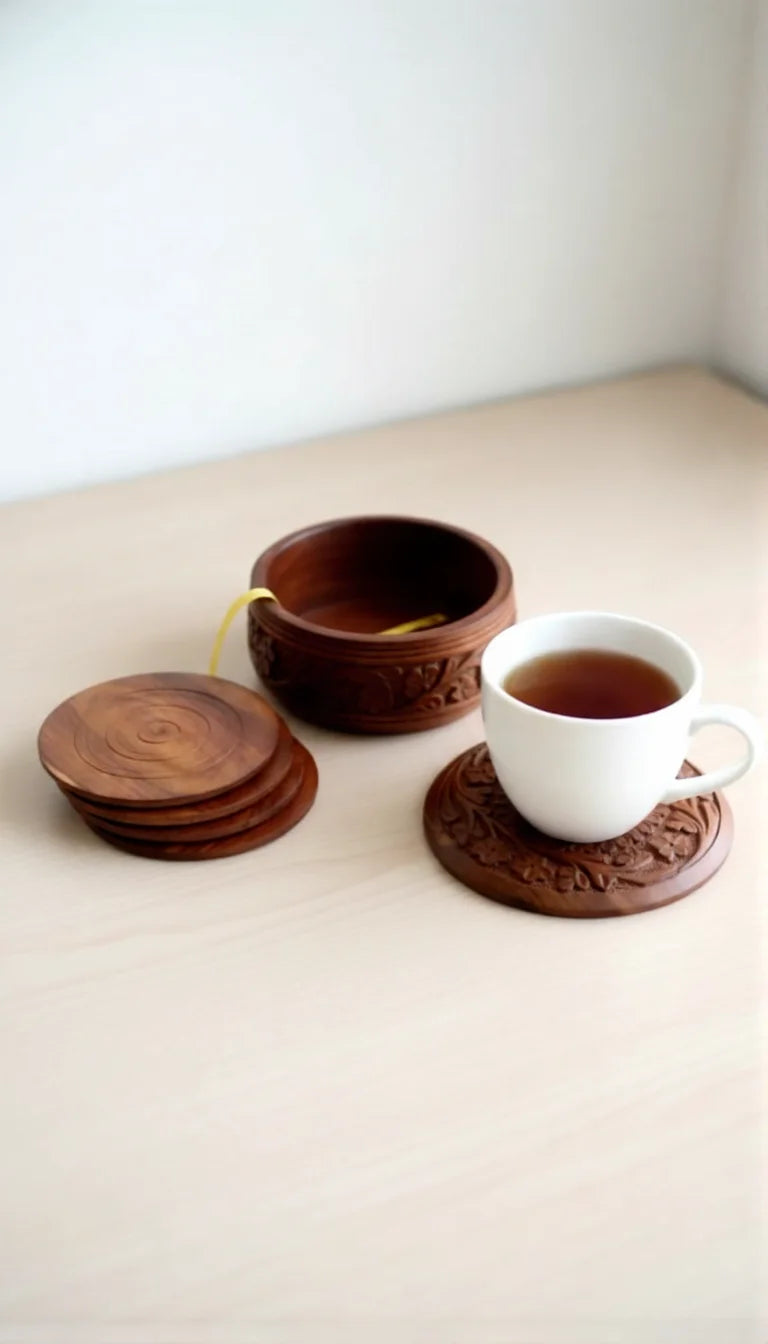 Handmade Rosewood Coasters Set of 6 with Holder – Wooden Tea Coasters